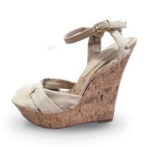 Beige Canvas Cork Wedge Sandals with Ankle Strap - charlotte russe size 8
